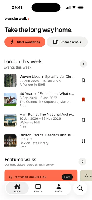 WanderWalk Home screen showing walking options, London this week and featured walks