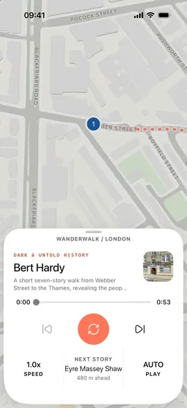 WanderWalk's audio player in light mode, showing the Bankside map, Bert Hardy and the next story