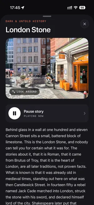 Wanderwalk story screen for the London Stone with a Look Around street view and the narration transcript