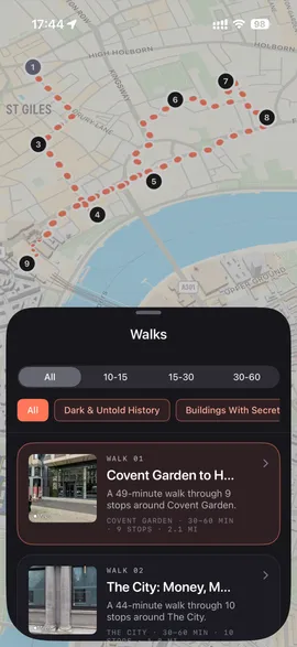 The WanderWalk Walks screen listing curated London walks over a map of the route